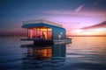 A floating house on a body of water. AI generative image. Tiny house illustration.