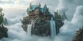 A Floating House in the Clouds with Waterfalls Royalty Free Stock Photo