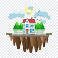 Floating house, flying home. Part of the rural and urban landscape. Vector illustration in flat style.