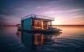 A floating house on the water at sunset. AI generative image. Tiny house illustration.