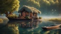 floating houseboat on the river Fantasy A house boat with a thatched roof and a cozy fireplace, floating on a lake