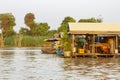 Floating houses and boats on Tonle Sap River in Cambodia