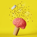 Floating human brain steaming coffee beans explosion cup 3D rendering yellow. Energy charge Caffeine hot drinks benefits