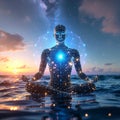 Floating Humanoid over Digital Ocean with Neural Networks Royalty Free Stock Photo