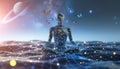 Floating Humanoid over Digital Ocean with Neural Networks Royalty Free Stock Photo