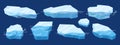 Floating ice. Cartoon frozen blocks of ice, arctic glaciers and icebergs pieces. Ice crystals floating in water flat vector