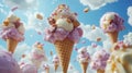 Floating Ice Cream Cones with Whipped Cream and Toppings Royalty Free Stock Photo