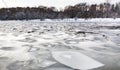 Floating ice floes on surface of river in twilight Royalty Free Stock Photo
