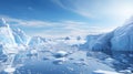 Floating ice and glacier in Antarctica, view of icebergs in ocean and frozen shores. Antarctic landscape with snow, water and sky