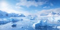 Floating ice and glacier in Antarctica, view of icebergs in sea and frozen shores. Antarctic landscape with rocks and snow.