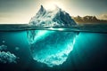 floating iceberg with sharp peaks and transparent blocks of ice under water illuminated by sun