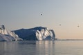 Floating Icebergs in Disko Bay during the midnight sun Royalty Free Stock Photo
