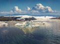 Floating of icebergs in Jokulsarlon Glacier Lagoon. Picturesque view from flying drone of Vatnajokull National Park. Royalty Free Stock Photo