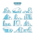 Floating icebergs sketch collection. Drifting arctic glacier, block of frozen ocean water. Icy mountains with snow