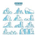 Floating icebergs sketch collection. Drifting arctic glacier, block of frozen ocean water. Icy mountains with snow