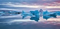 Floating icebergs in valley of icebergs in twilights in Iceland, Generative AI