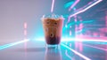 Floating Iced Coffee with Holographic Neon Reflections. Royalty Free Stock Photo