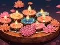 Floating Illuminated Tea Candles and Lotus Flower Inside Water Bowl for Diwali Royalty Free Stock Photo