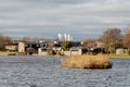 A floating island for birds and houses by the lake in Killingworth New Town, North Tyneside, UK.