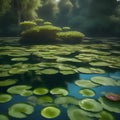 A floating island covered in shimmering, translucent water lilies that defy gravity as they hover above the water1