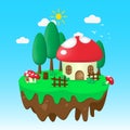 Floating island in flat illustration with mushrooms house, hill, and panorama. Summer time illustration. Summer vector background