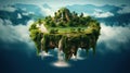 Floating island, Flying green forest land with trees, green grass, mountains, blue water and waterfalls isolated with clouds Royalty Free Stock Photo