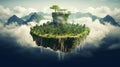 Floating island, Flying green forest land with trees, green grass, mountains, blue water and waterfalls isolated with clouds Royalty Free Stock Photo