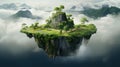 Floating island, Flying green forest land with trees, green grass, mountains, blue water and waterfalls isolated with clouds