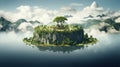 Floating island, Flying green forest land with trees, green grass, mountains, blue water and waterfalls isolated with clouds Royalty Free Stock Photo