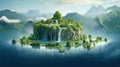 Floating island, Flying green forest land with trees, green grass, mountains, blue water and waterfalls isolated with clouds