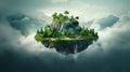 Floating island, Flying green forest land with trees, green grass, mountains, blue water and waterfalls isolated with clouds Royalty Free Stock Photo