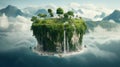 Floating island, Flying green forest land with trees, green grass, mountains, blue water and waterfalls isolated with clouds Royalty Free Stock Photo