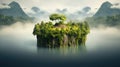 Floating island, Flying green forest land with trees, green grass, mountains, blue water and waterfalls isolated with clouds