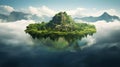 Floating island, Flying green forest land with trees, green grass, mountains, blue water and waterfalls isolated with clouds