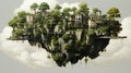 A floating island with houses and trees on top of it. Generative AI image.