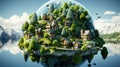 A floating island with a lot of houses and trees. Generative AI image.