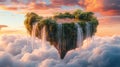 A floating island with lush greenery cascading waterfalls into the clouds during a serene sunset sky Royalty Free Stock Photo