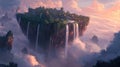 A floating island with lush greenery cascading waterfalls into the clouds during a serene sunset sky Royalty Free Stock Photo