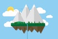 Floating island with mountain, hill, tree and birds. Summer time holiday voyage concept. Illustration in flat style. Travel backgr