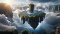 floating island in the sky with waterfalls falling into the clouds below, Royalty Free Stock Photo