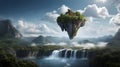 floating island in the sky with waterfalls falling into the clouds below, Royalty Free Stock Photo