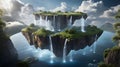 floating island in the sky with waterfalls falling into the clouds below, Royalty Free Stock Photo