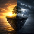 Floating Rock Island with Weather Contrast Royalty Free Stock Photo