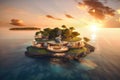 floating island surrounded by undulating waves and tropical sunsets