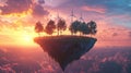 A floating island with trees and wind turbines under a vibrant sky during sunset Royalty Free Stock Photo