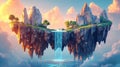 Floating Island with Waterfall at Sunset Royalty Free Stock Photo