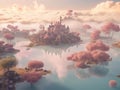 Floating islands in dreamy pastel landscape