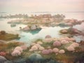 Floating islands in dreamy pastel landscape