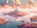 Floating islands in dreamy pastel landscape