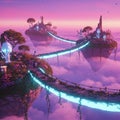 Floating islands hover above a cloudscape, connected by glowing bridges. Lush Royalty Free Stock Photo